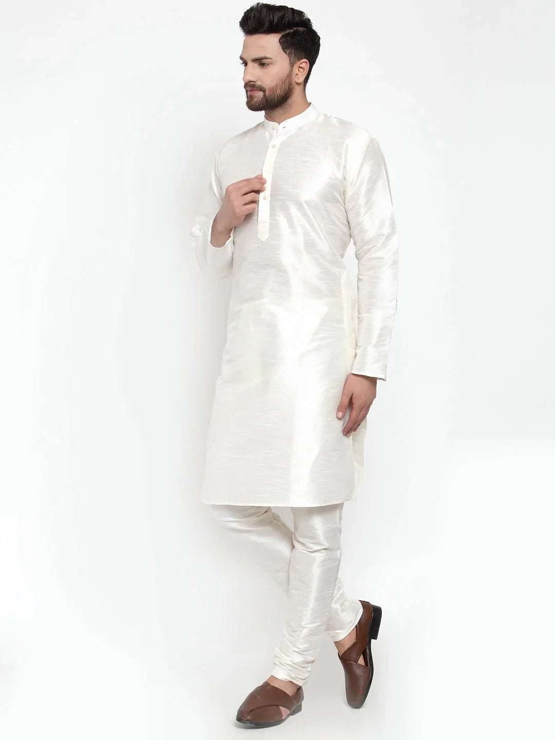 White Mens Kurta Pajama Set - Classic Solid Cotton Churidar