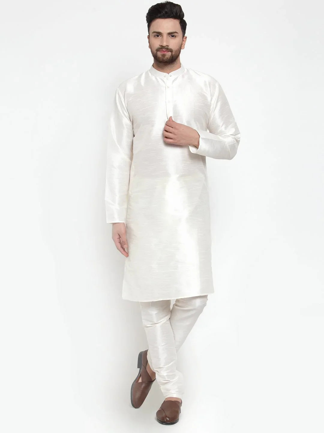 White Mens Kurta Pajama Set - Classic Solid Cotton Churidar