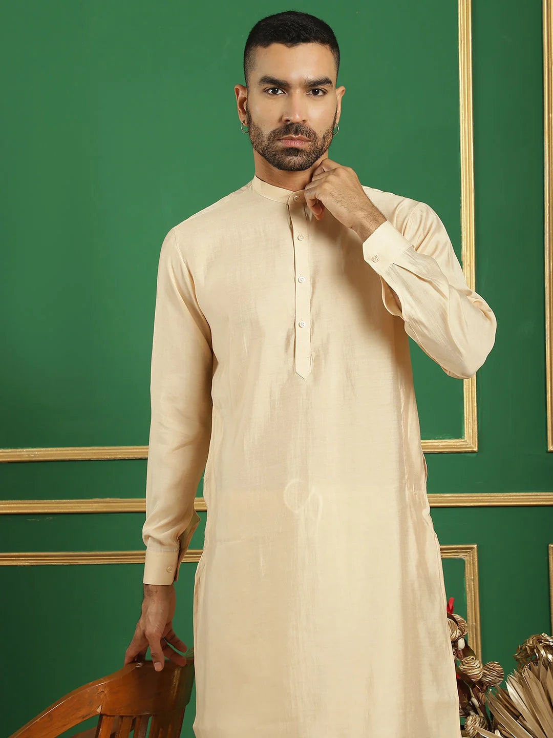 Beige Solid Silk Blend Mens Kurta Pajama Set | Ethnic Wear