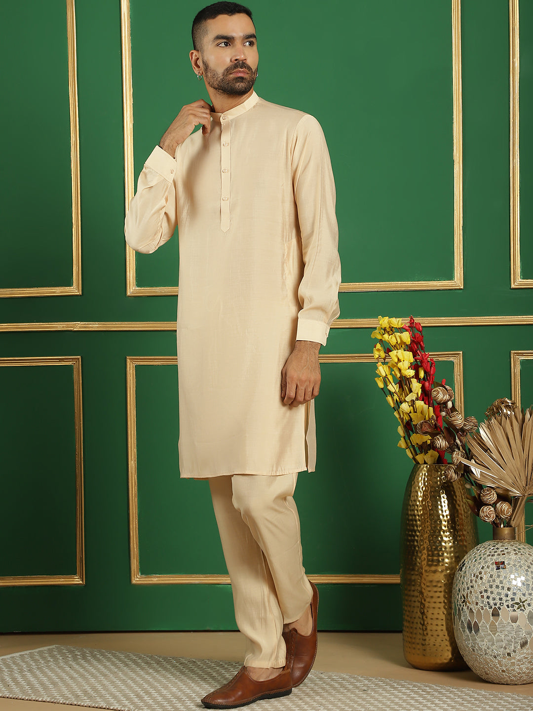 Beige Solid Silk Blend Mens Kurta Pajama Set | Ethnic Wear