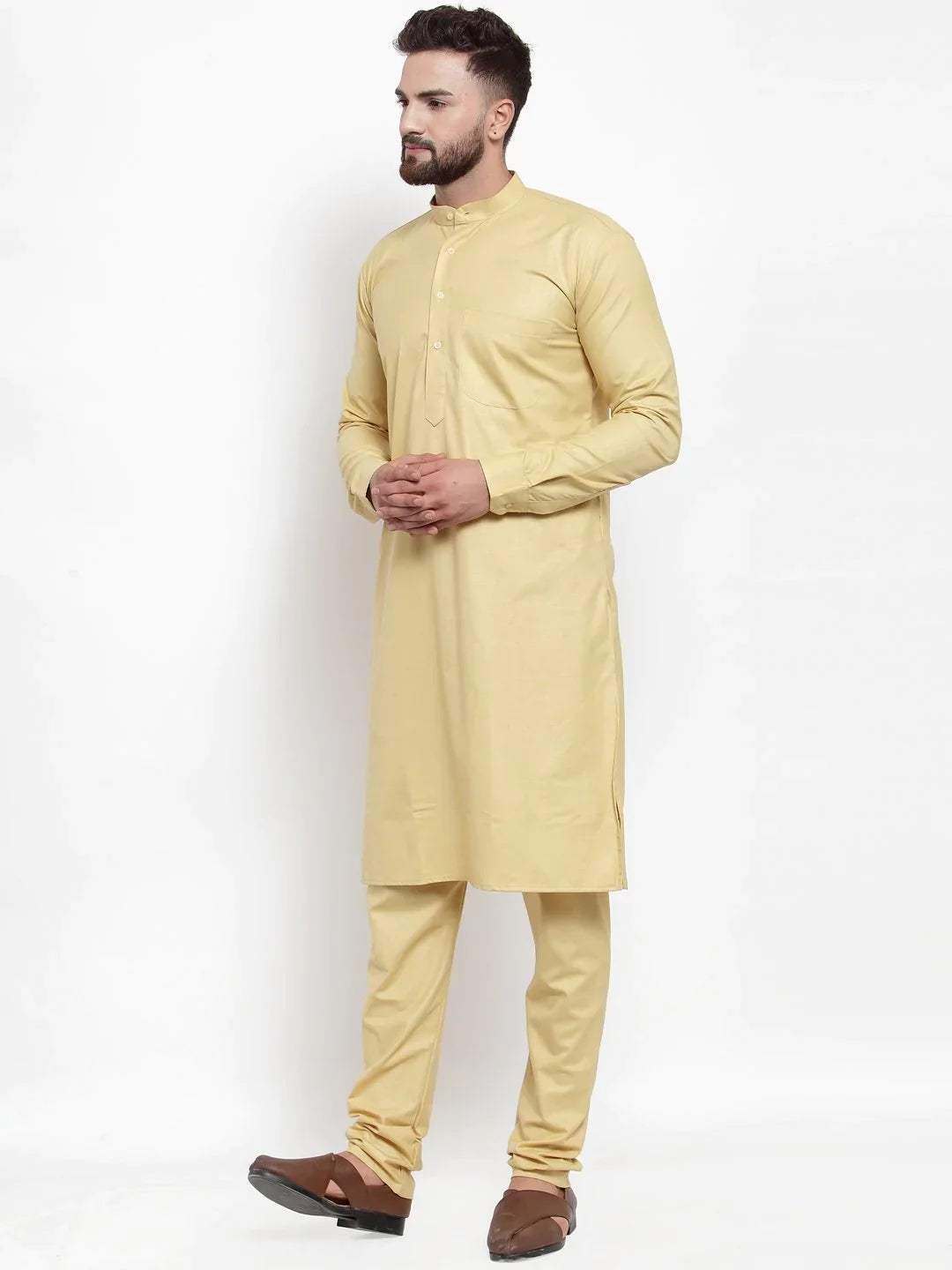 Beige Solid Cotton Mens Kurta Pajama Set - Ethnic Wear