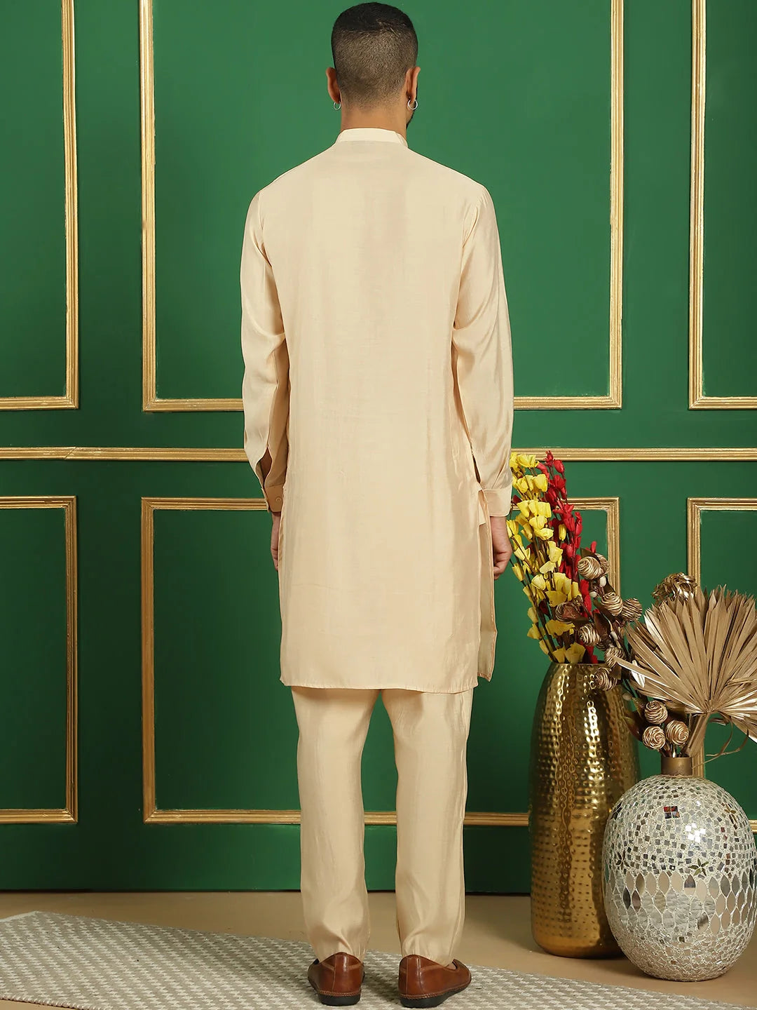 Beige Solid Silk Blend Mens Kurta Pajama Set | Ethnic Wear