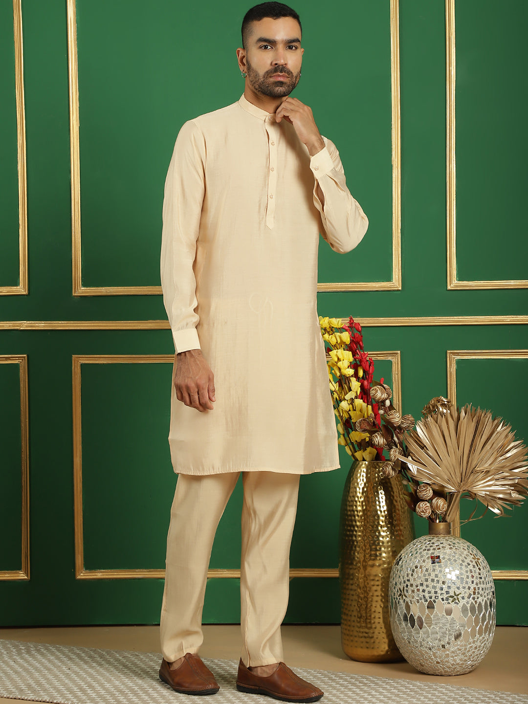 Beige Solid Silk Blend Mens Kurta Pajama Set | Ethnic Wear