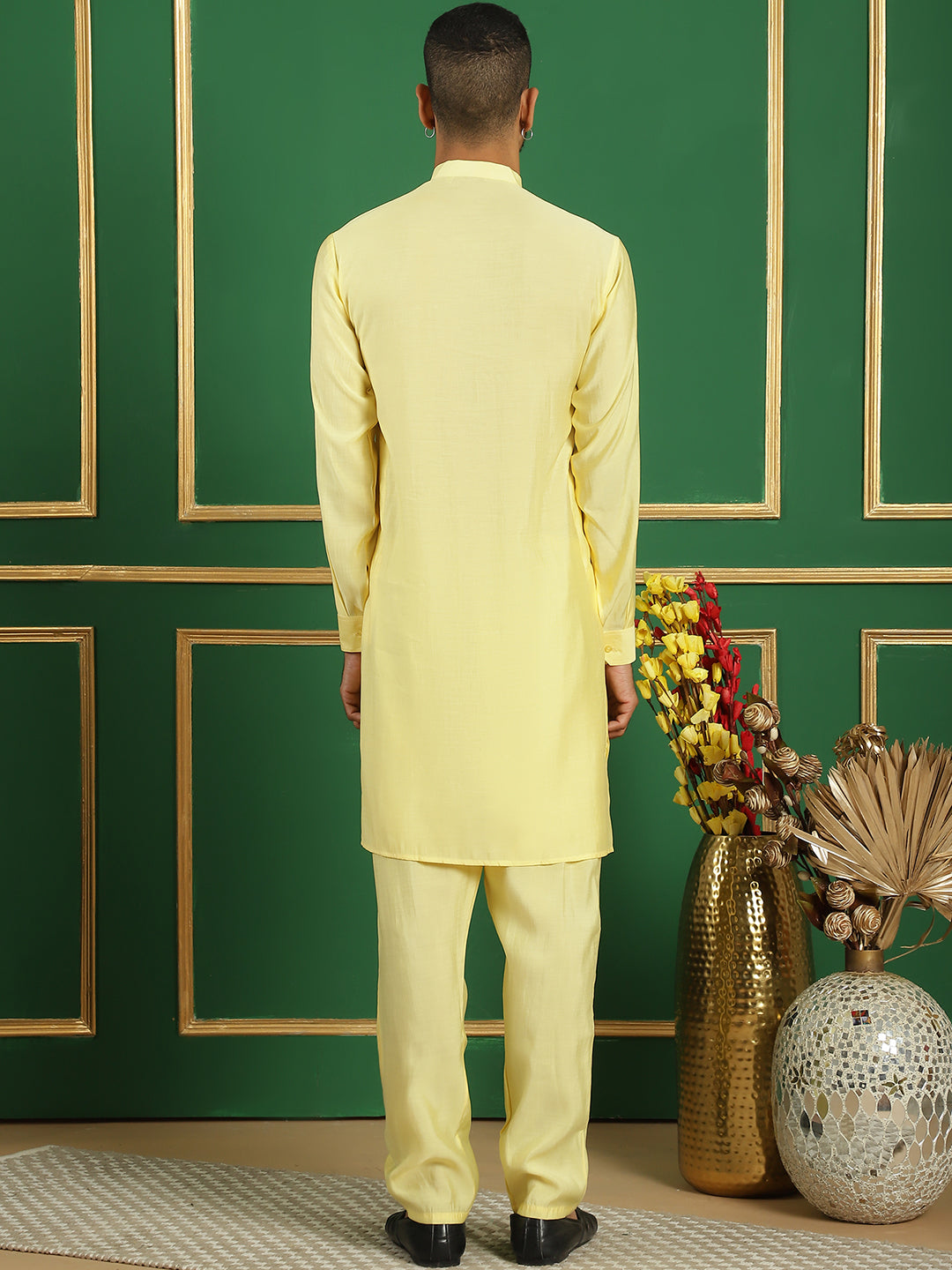 Lemon Silk Blend Mens Kurta Pajama Set - Stylish Kurta Pajama