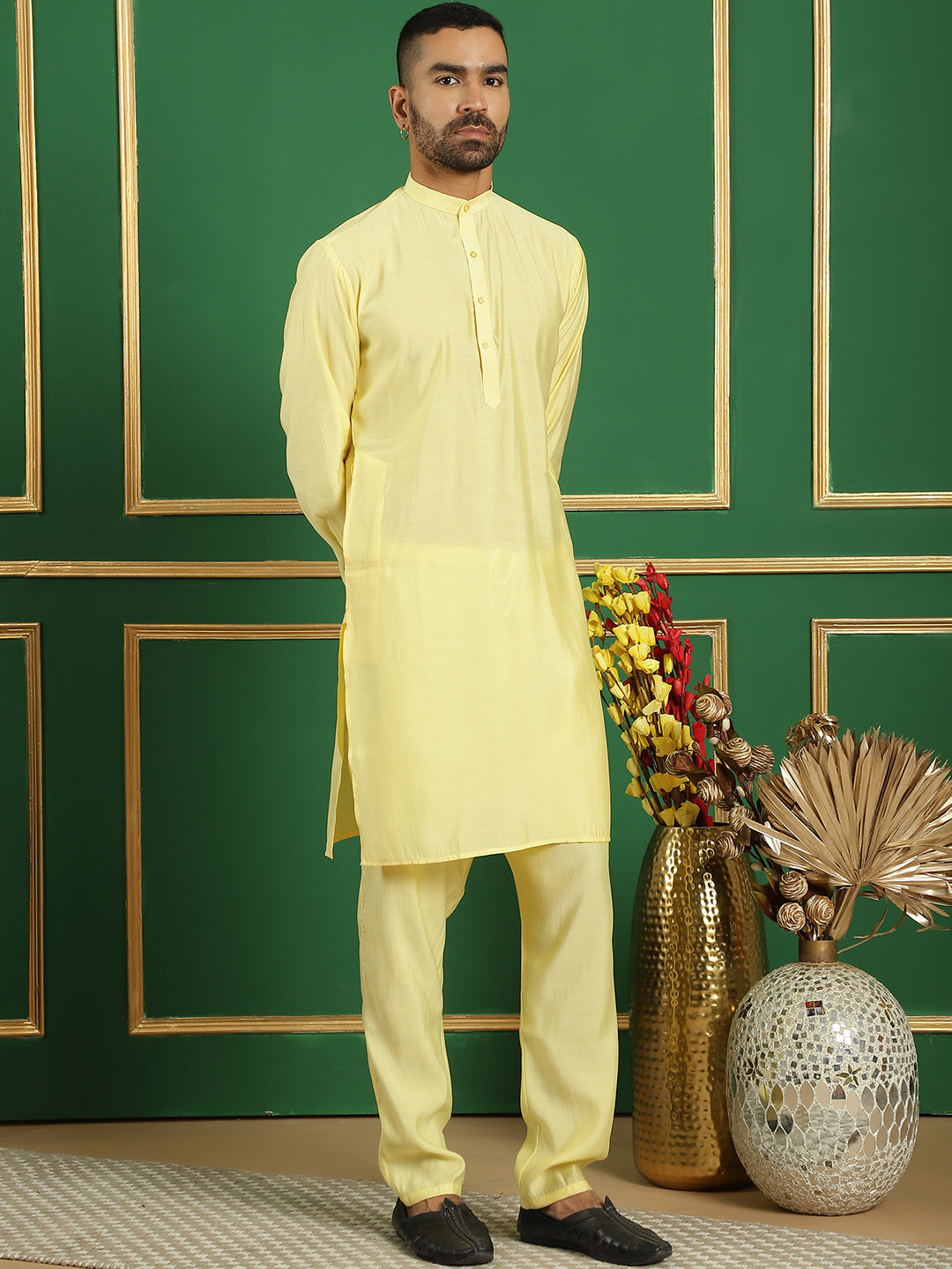 Lemon Silk Blend Mens Kurta Pajama Set - Stylish Kurta Pajama