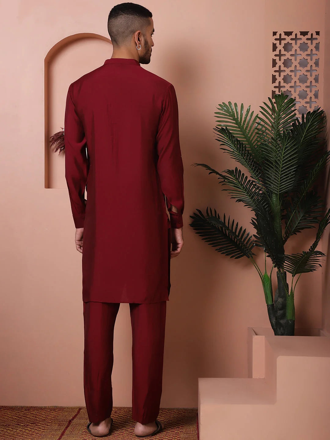 Maroon Mens Kurta Pajama Set - Silk Blend Kurta Pajama Pathani