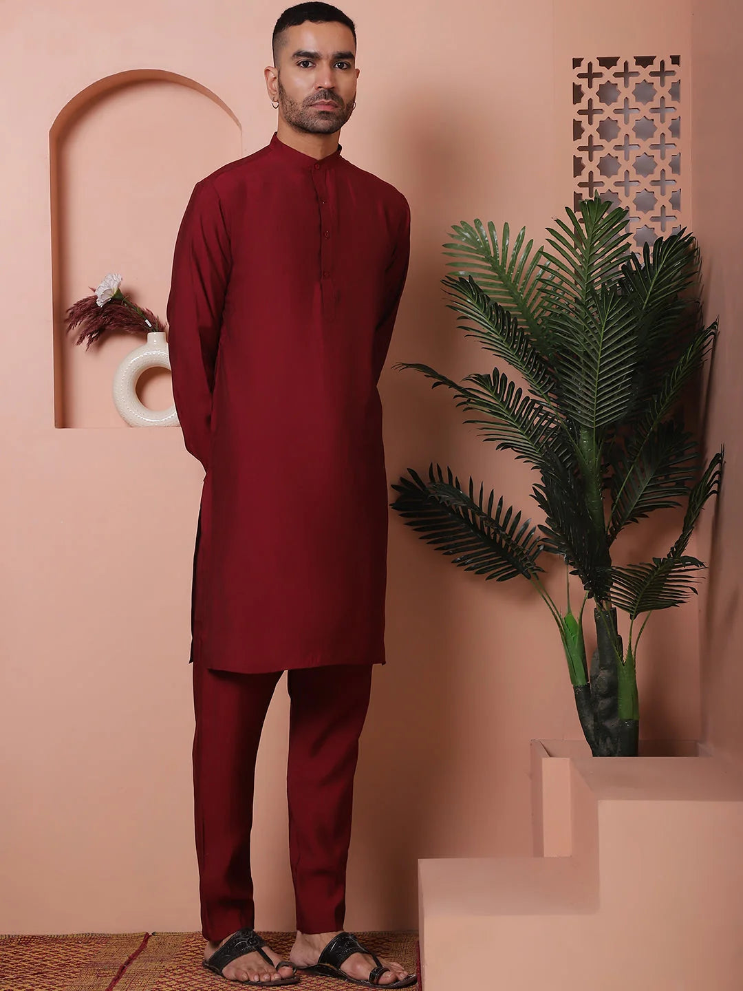 Maroon Mens Kurta Pajama Set - Silk Blend Kurta Pajama Pathani