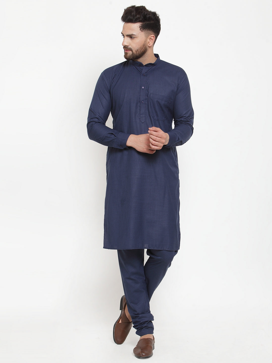 Men's Solid Cotton Kurta Payjama Set-JOKP-592Navy