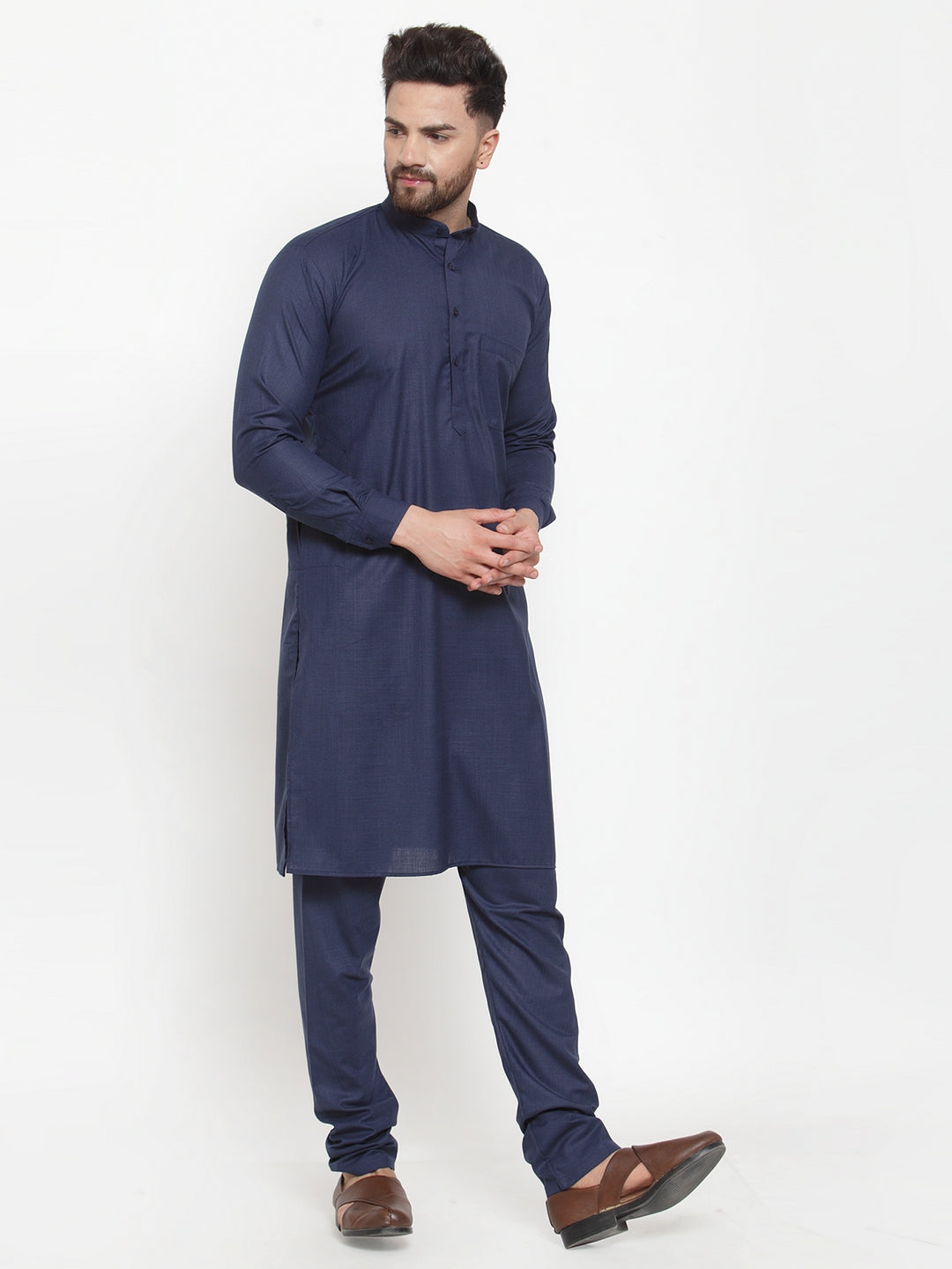 Navy Solid Cotton Mens Kurta Pajama Set | Classic Style