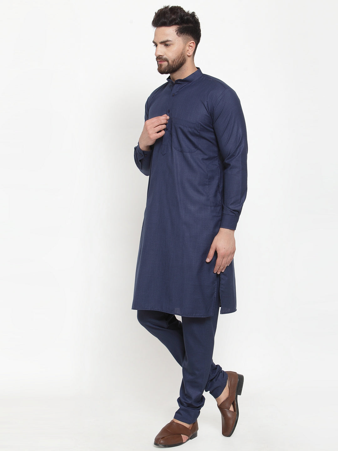 Navy Solid Cotton Mens Kurta Pajama Set | Classic Style