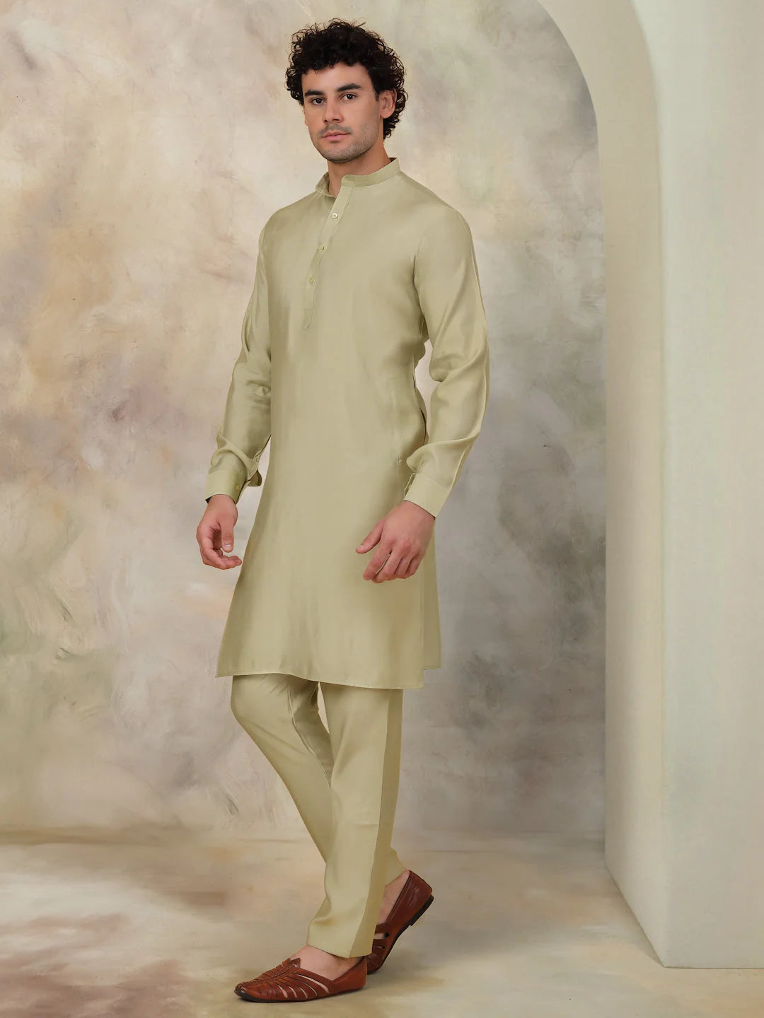 Solid Pista Mens Kurta Pajama Set - Silk Blend Kurta Pajama