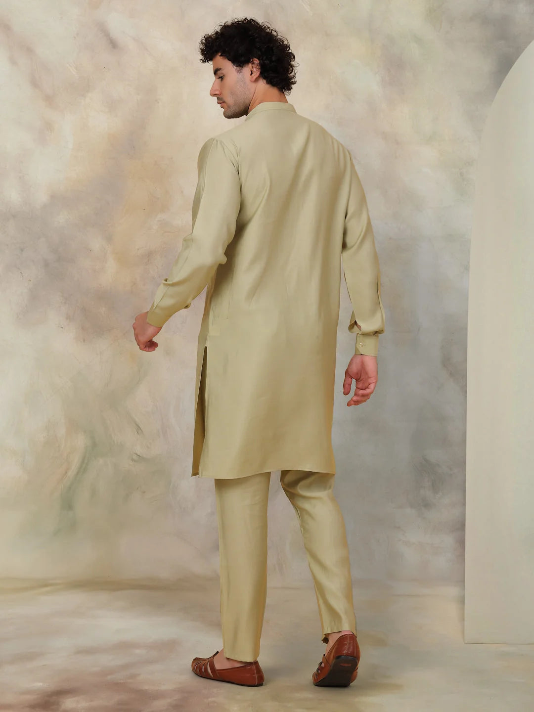 Solid Pista Mens Kurta Pajama Set - Silk Blend Kurta Pajama