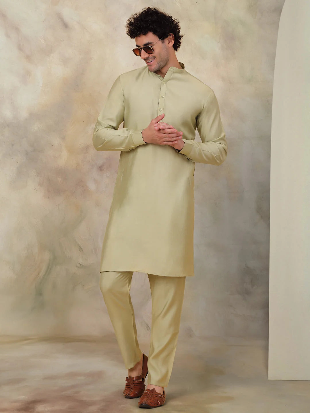 Solid Pista Mens Kurta Pajama Set - Silk Blend Kurta Pajama