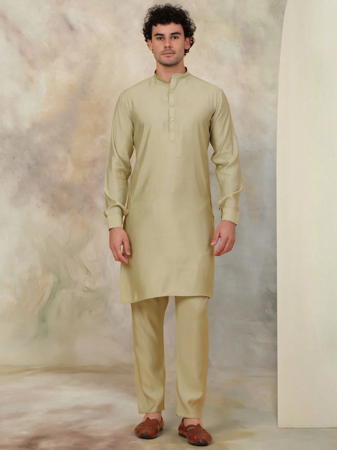 Solid Pista Mens Kurta Pajama Set - Silk Blend Kurta Pajama