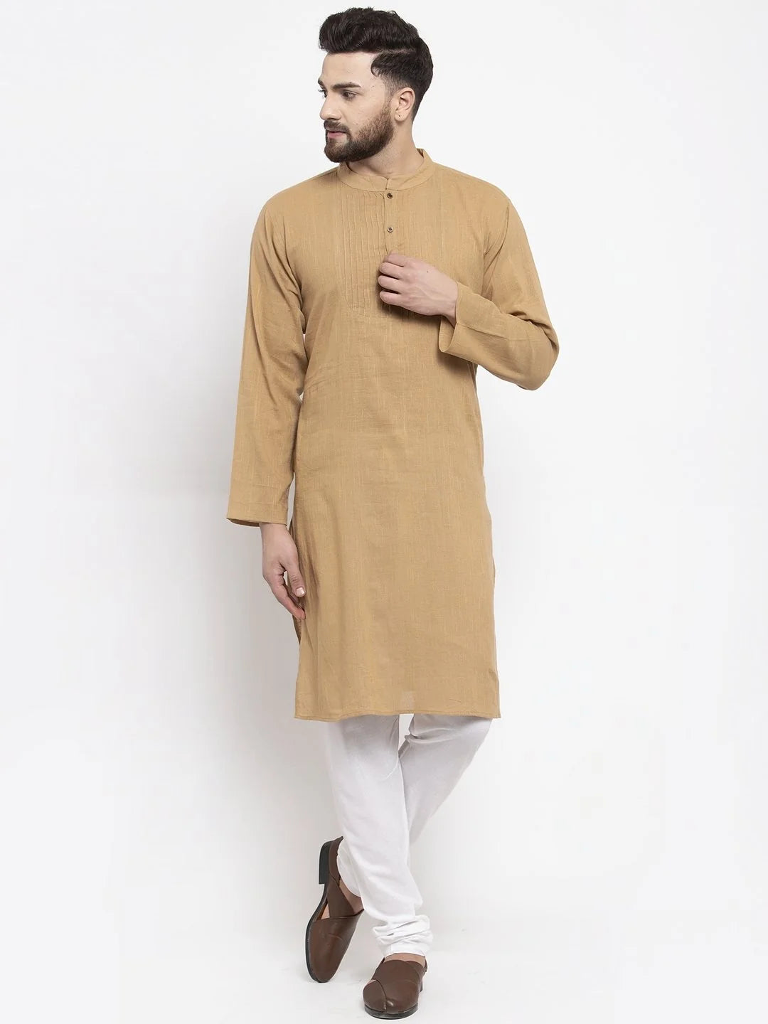 Men Beige & White Solid Pin-tucks Kurta Only