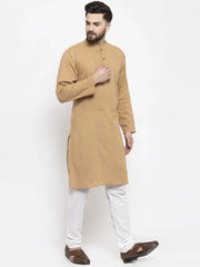 Men Beige & White Solid Pin-tucks Kurta with Churidar ( JOKP 594 Beige )-JOKP-594