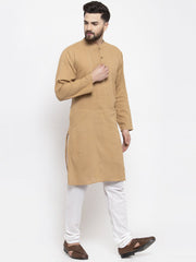 Men Beige & White Solid Pin-tucks Kurta Only