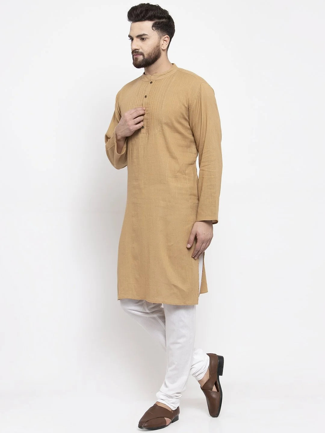 Beige & White Pinstripe Mens Kurta - Cotton Indian Kurta