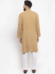 Men Beige & White Solid Pin-tucks Kurta with Churidar ( JOKP 594 Beige )-JOKP-594