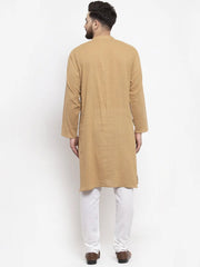 Men Beige & White Solid Pin-tucks Kurta Only