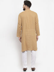 Men Beige & White Solid Pin-tucks Kurta Only