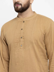 Men Beige & White Solid Pin-tucks Kurta with Churidar ( JOKP 594 Beige )-JOKP-594