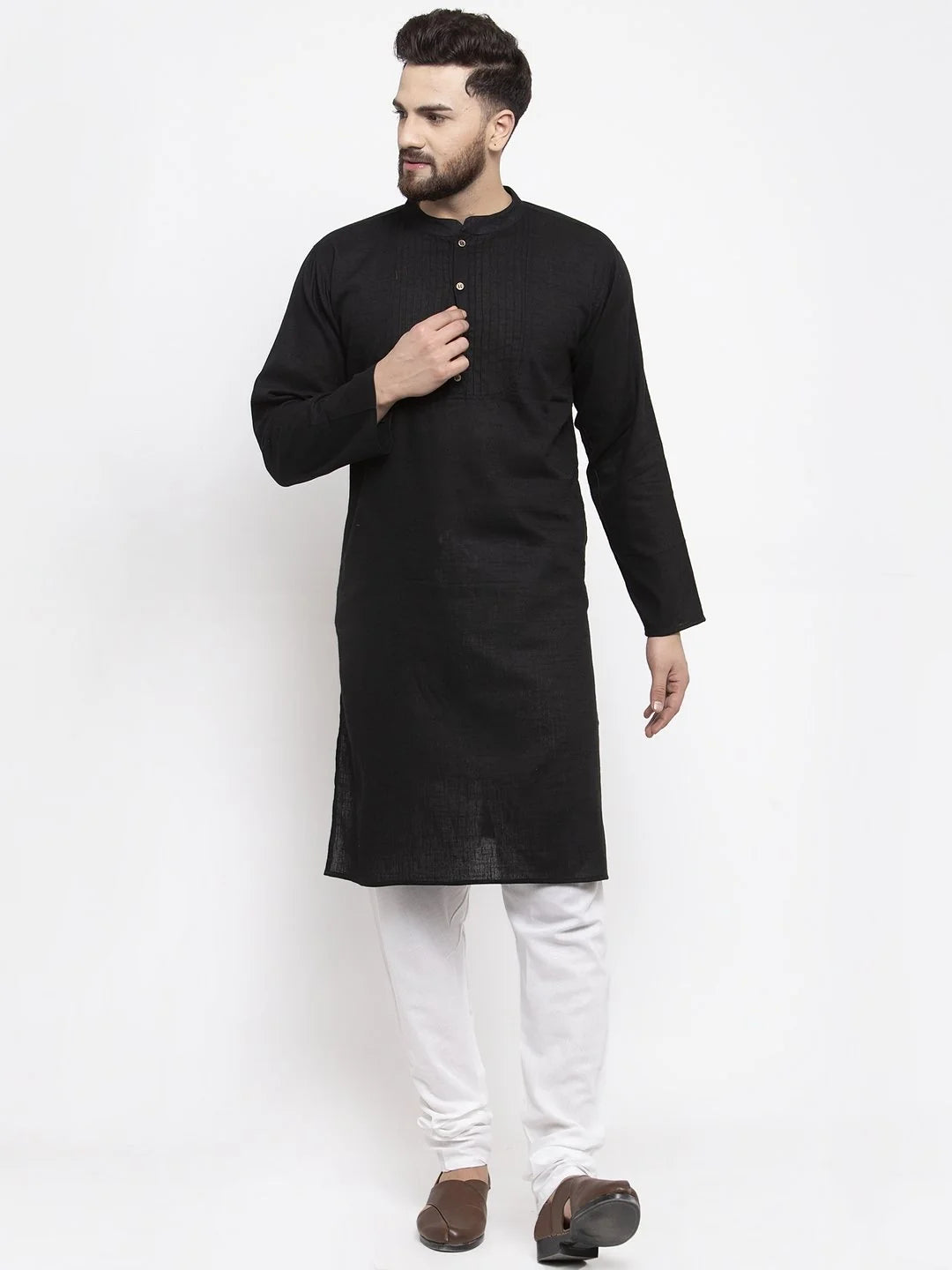 Men Black & White Solid Pin-tucks Kurta Only