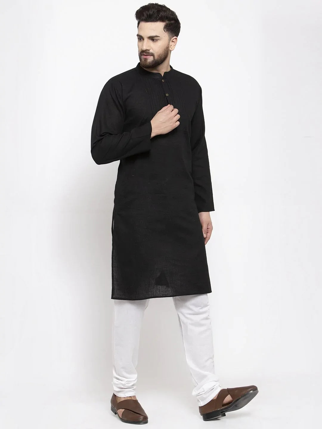 Black Cotton Mens Kurta Pajama Set | Solid Ethnic Wear