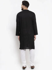 Men Black & White Solid Pin-tucks Kurta with Churidar ( JOKP 594 Black )-JOKP-594