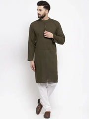 Men Olive-Green & White Solid Pin-tucks Kurta with Churidar ( JOKP 594 Olive )-JOKP-594
