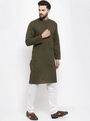 Men Olive-Green & White Solid Pin-tucks Kurta with Churidar ( JOKP 594 Olive )-JOKP-594
