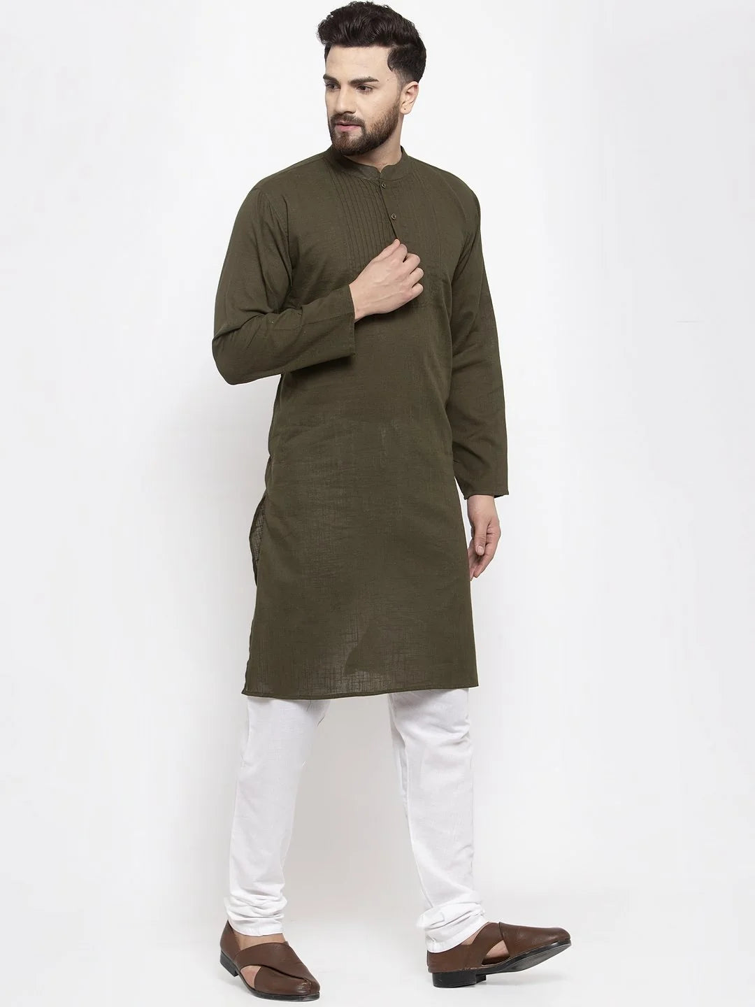 Olive Green Solid Men's Kurta - Indian Kurta for Men