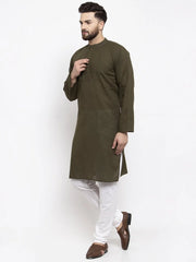 Men Olive-Green & White Solid Pin-tucks Kurta Only