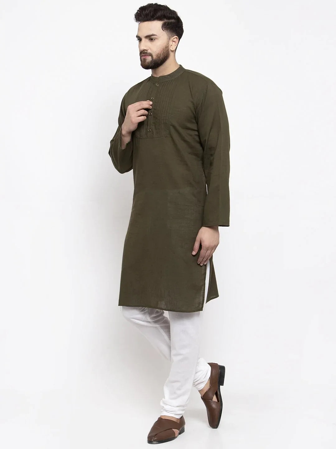 Olive Green Cotton Mens Kurta Pajama Set | Solid Ethnic Wear