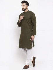Men Olive-Green & White Solid Pin-tucks Kurta with Churidar ( JOKP 594 Olive )-JOKP-594