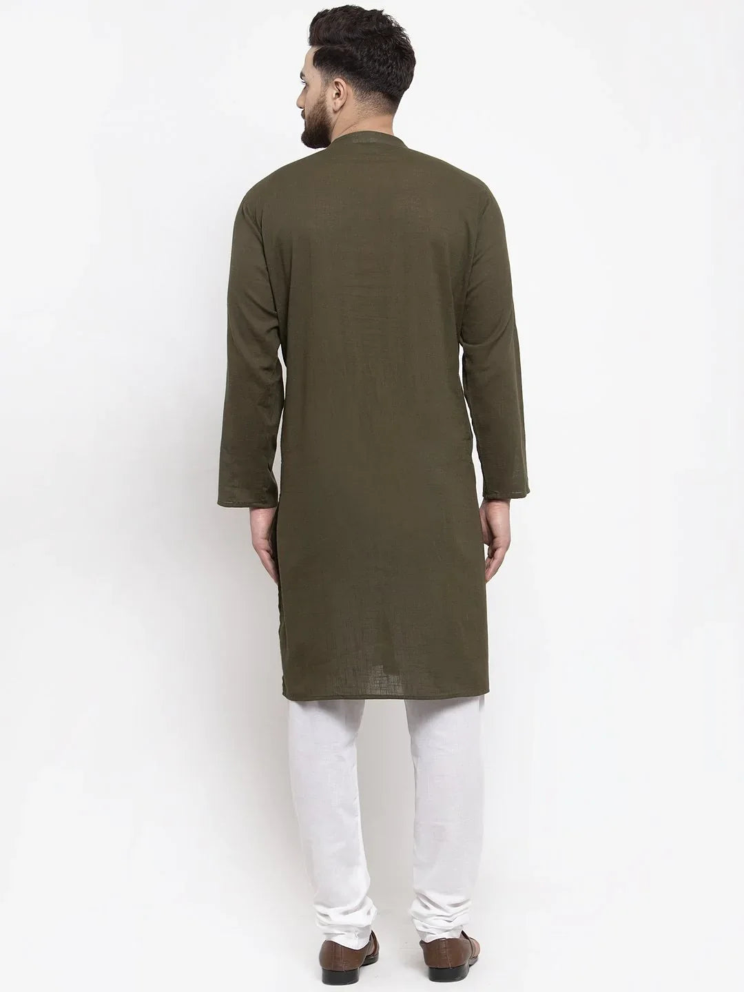 Olive Green Cotton Mens Kurta Pajama Set | Solid Ethnic Wear