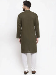 Men Olive-Green & White Solid Pin-tucks Kurta with Churidar ( JOKP 594 Olive )-JOKP-594