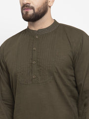 Men Olive-Green & White Solid Pin-tucks Kurta with Churidar ( JOKP 594 Olive )-JOKP-594