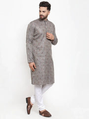 Men Grey & White Woven Design Kurta with Churidar ( JOKP 595 Grey )-JOKP-595