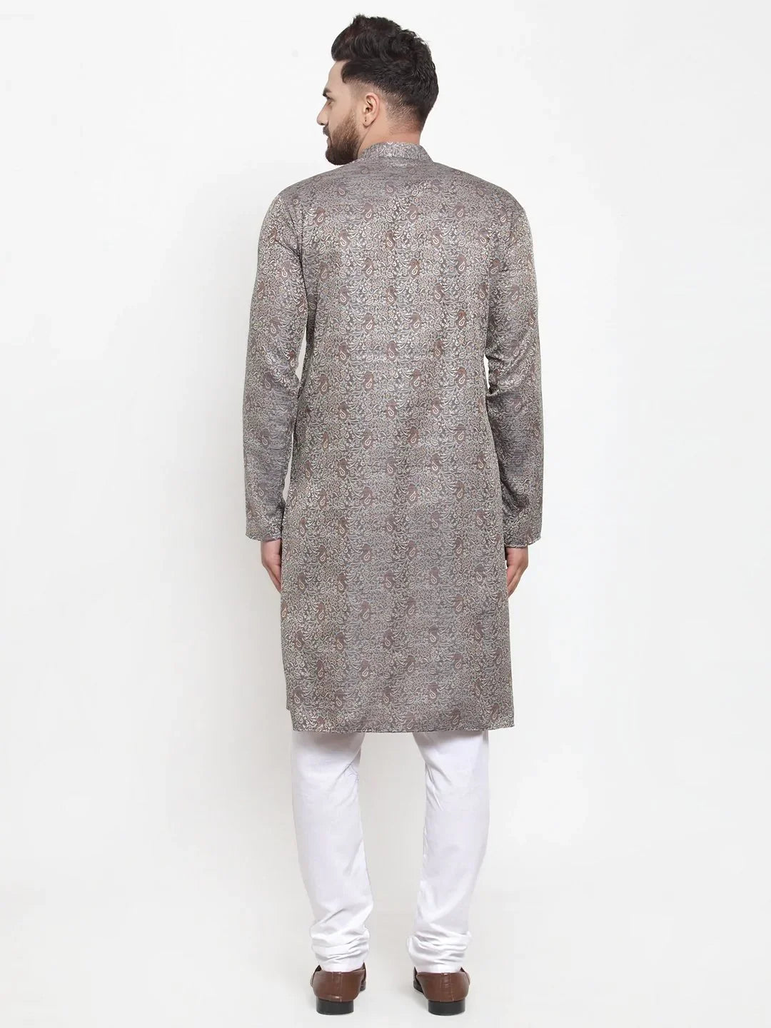 Grey & White Woven Design Mens Kurta Pajama Set - Cotton