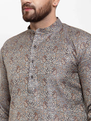 Men Grey & White Woven Design Kurta with Churidar ( JOKP 595 Grey )-JOKP-595