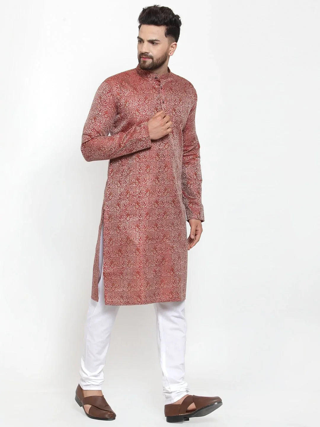 Maroon & White Woven Mens Kurta Pajama Set - Cotton Blend
