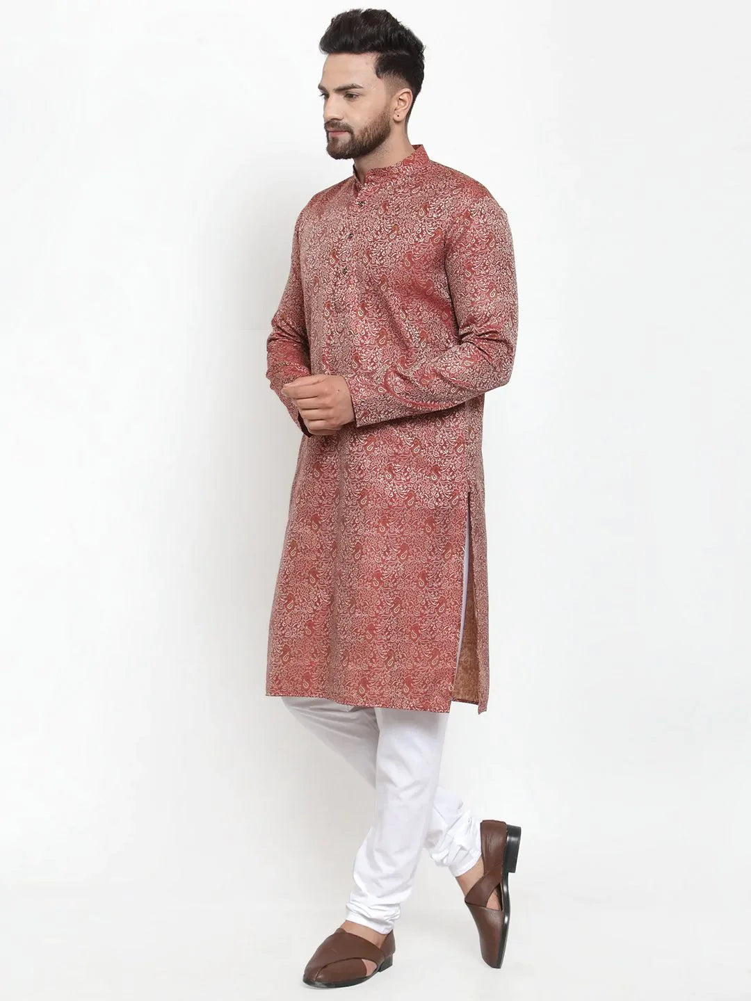 Maroon & White Woven Mens Kurta Pajama Set - Cotton Blend
