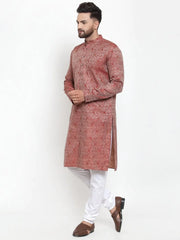 Men Maroon & White Woven Design Kurta with Churidar ( JOKP 595 Maroon )-JOKP-595