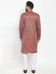 Men Maroon & White Woven Design Kurta with Churidar ( JOKP 595 Maroon )-JOKP-595