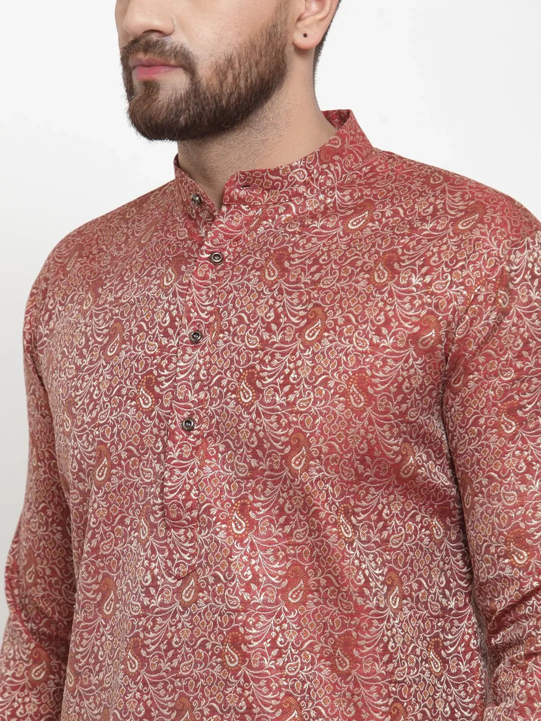Maroon & White Woven Mens Kurta Pajama Set - Cotton Blend