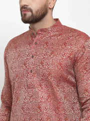 Men Maroon & White Woven Design Kurta with Churidar ( JOKP 595 Maroon )-JOKP-595