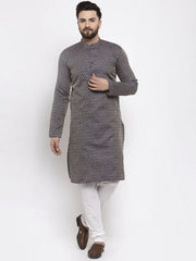 Men Navy-Blue & White Woven Design Kurta Only