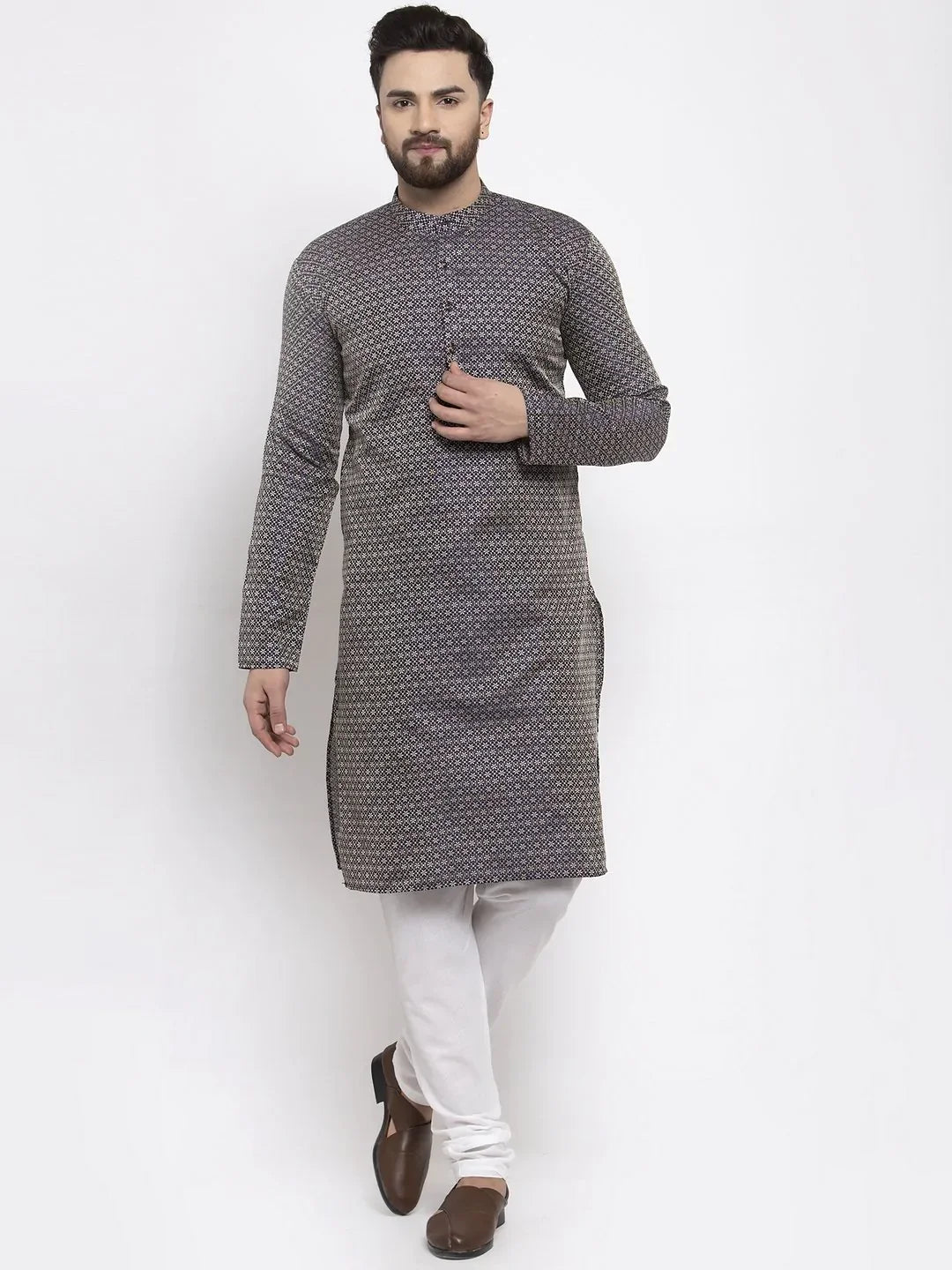 Navy Blue Woven Design Mens Kurta Pajama Set with Churidar