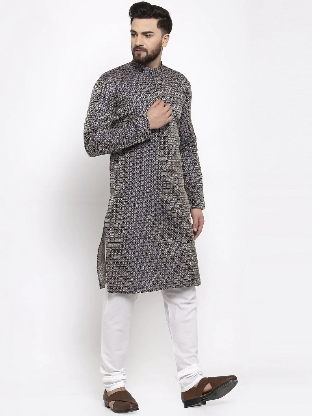 Navy Blue Woven Design Mens Kurta Pajama Set with Churidar